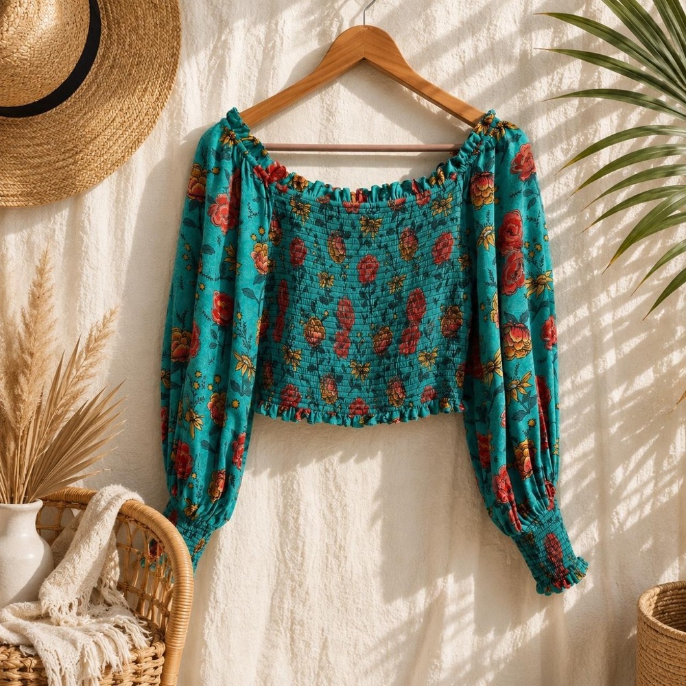 Teal Floral Western Bojo Balloon Sleeve Stretchy Bodice Shirt Top